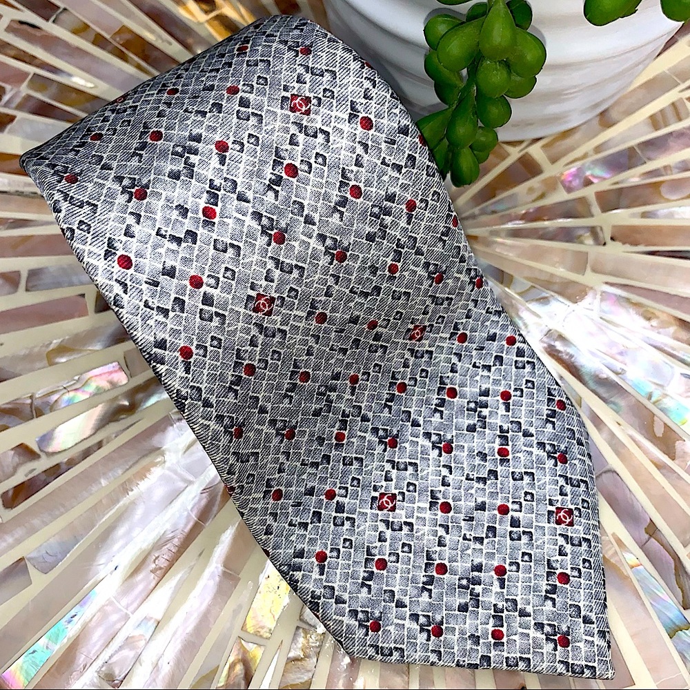 CHANEL 100% Silk Tie CC Logo Tie — Gray/Red/Black